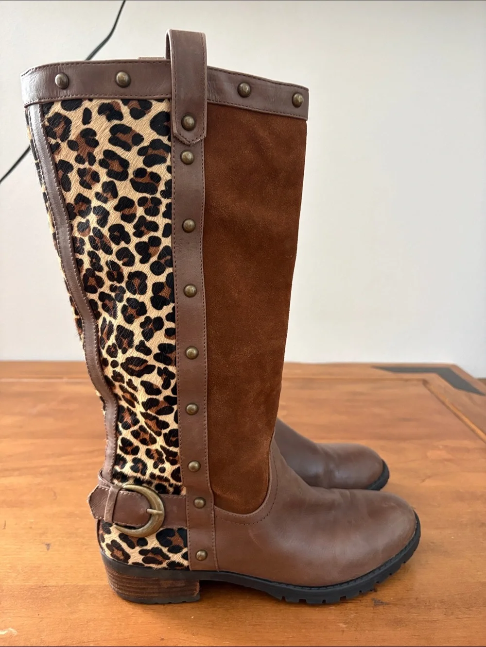 Steve Madden Suede & Leather Knee Boots with Leopard Panel Size 9